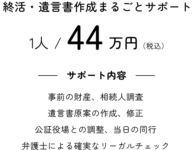 終活・遺言書作成まるごとサポート 1人 / 44万円（税込） サポート内容 事前の財産、相続人調査 遺言書原案の作成、修正 公証役場との調整、当日の同行 弁護士による確実なリーガルチェック